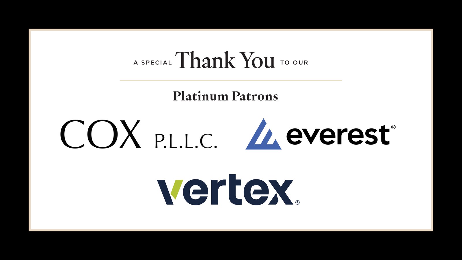 Rally New York City Gala 2026 sponsors. A special thank you to our Platinum Patrons: Cox P.L.L.C., Everest and Vertex