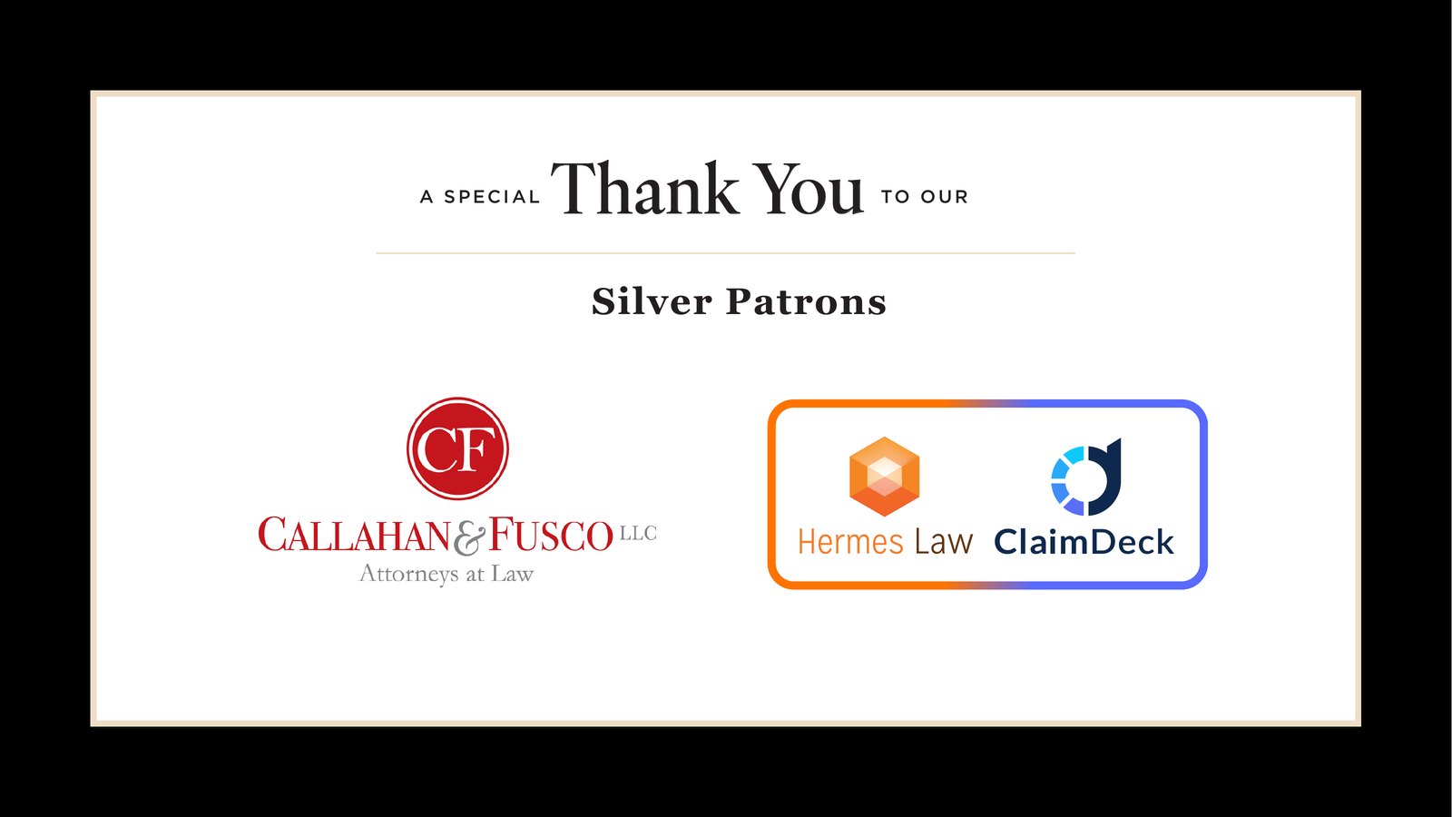 Rally New York City Gala 2026 sponsors. A special thank you to our Silver Patrons: Callahan & Fusco LLC, Attorneys at Law, and Hermes Law with ClaimDeck